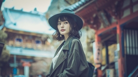 寺庙旅拍的日本戴帽美女图片